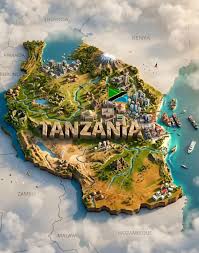 Illustrated map of Tanzania showing parks, coastline and landmarks