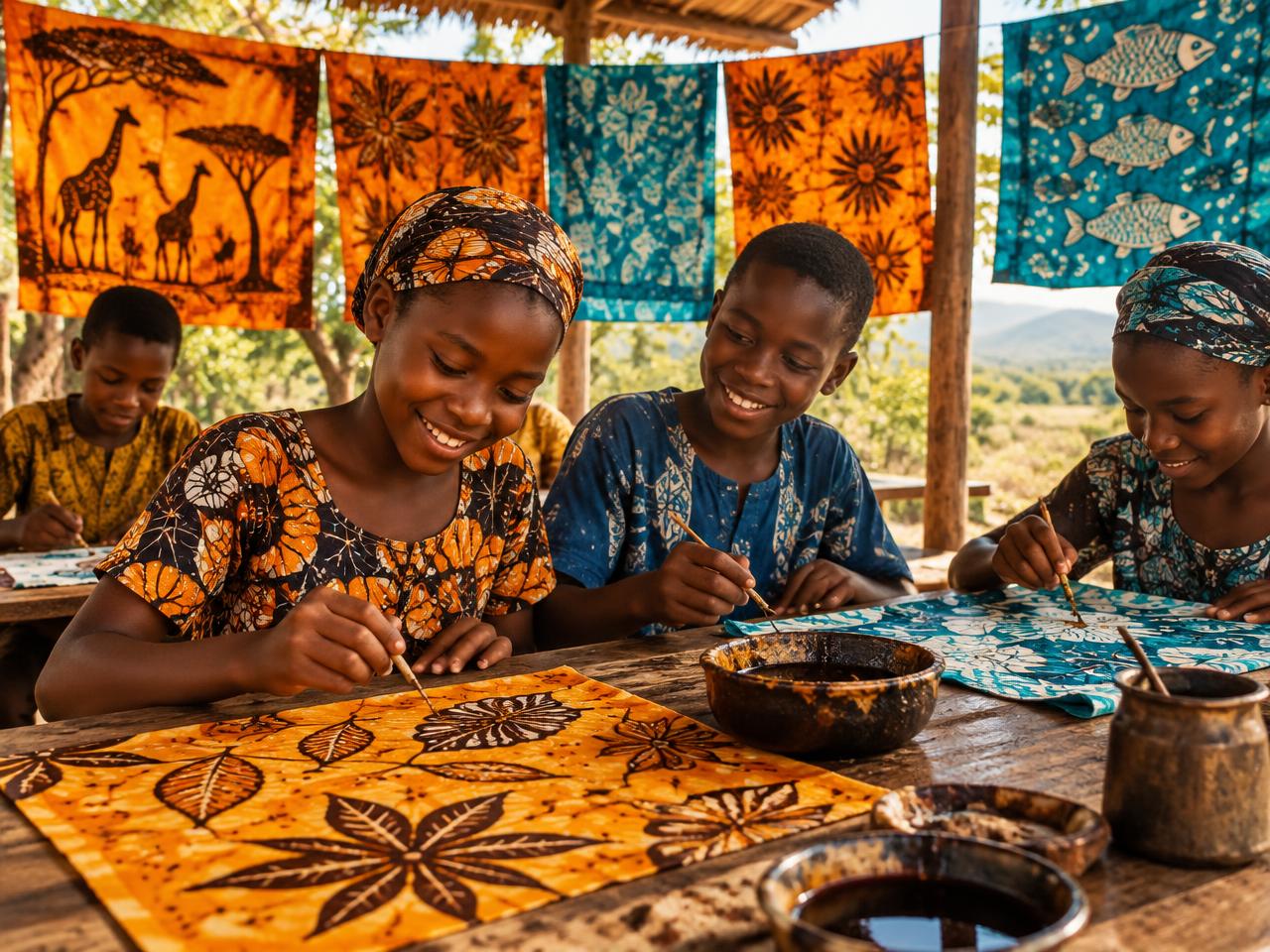 Children creating batik textile art with vibrant fabrics drying behind them