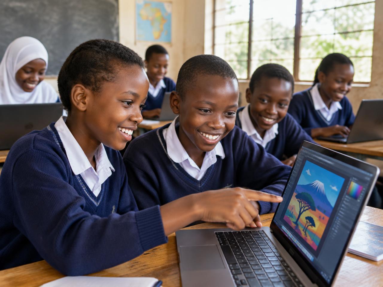 Schoolchildren learning digital design on laptops in a classroom
