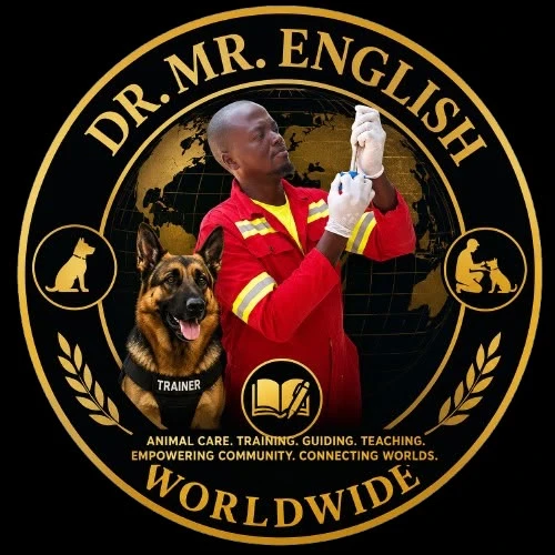 Dr. Mr. English Worldwide professional emblem featuring James and a dog
