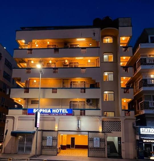 Sophia Hotel exterior in the city at night
