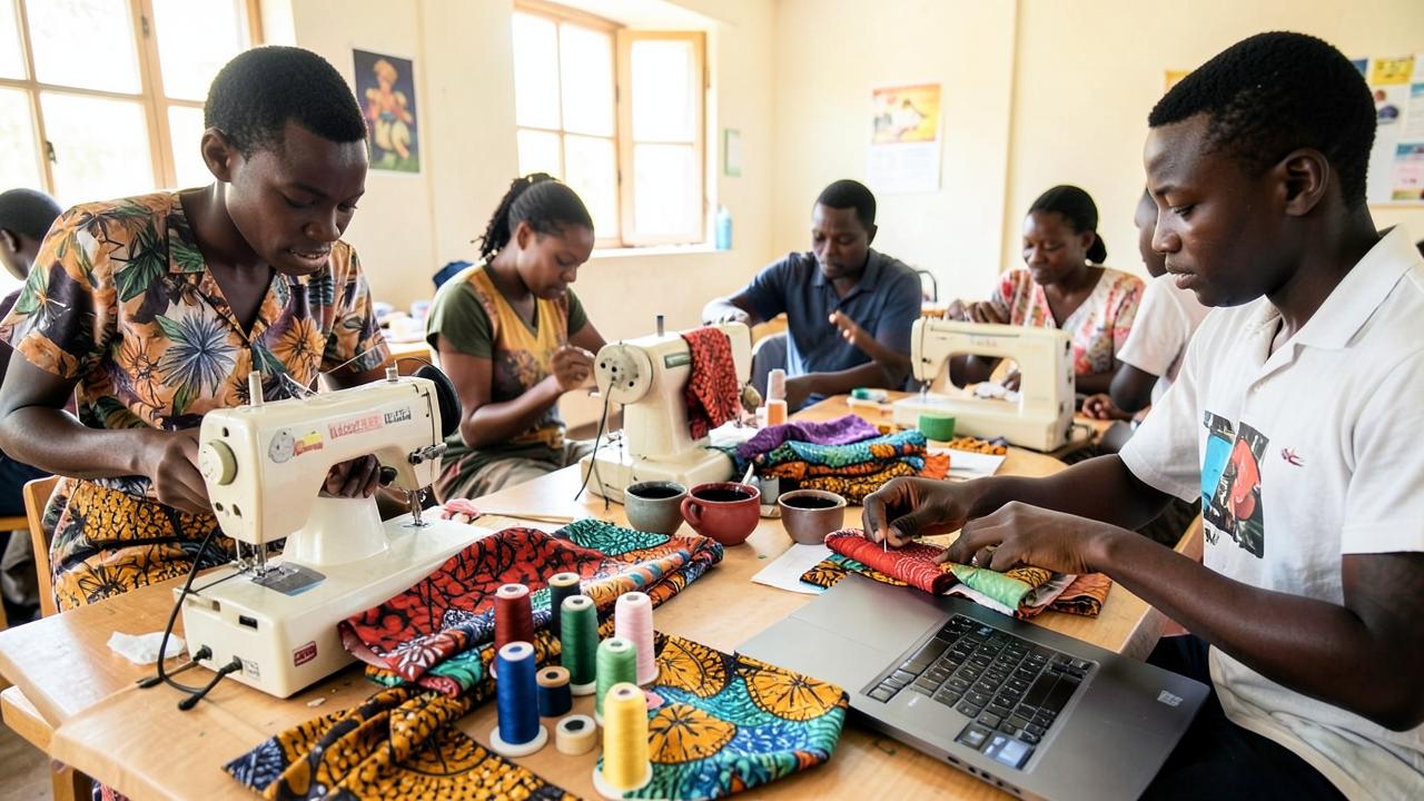 Trainees using sewing machines, batik fabric and a laptop in a community workshop